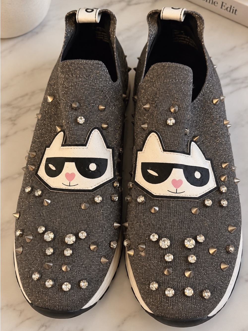 Karl Lagerfeld Grey Studded Slip-On Sneakers with Cat Patch